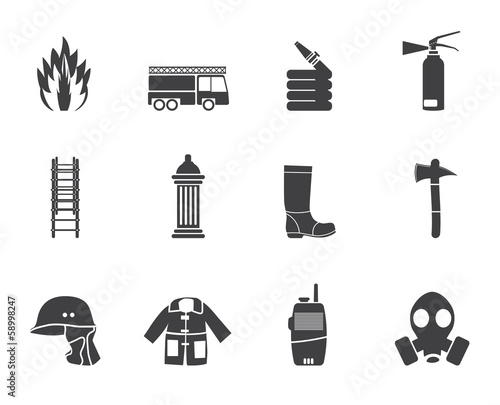 Silhouette fire-brigade and fireman equipment icons