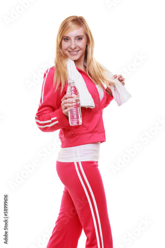 Fitness woman sport girl with towel and water bottle isolated