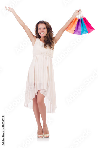 Woman after shopping isolated on white