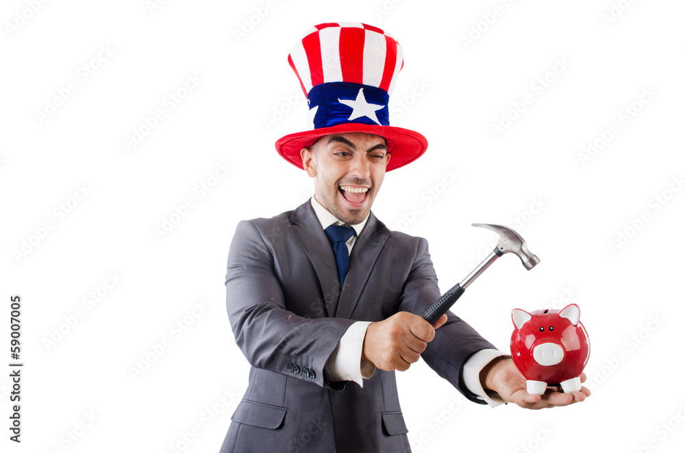 Man breaking the bank with hammer on white Man breaking the bank with hammer on white