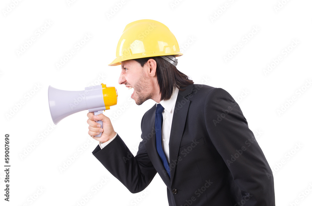 Man with helmet and loudspeaker on white Man with helmet and loudspeaker on white