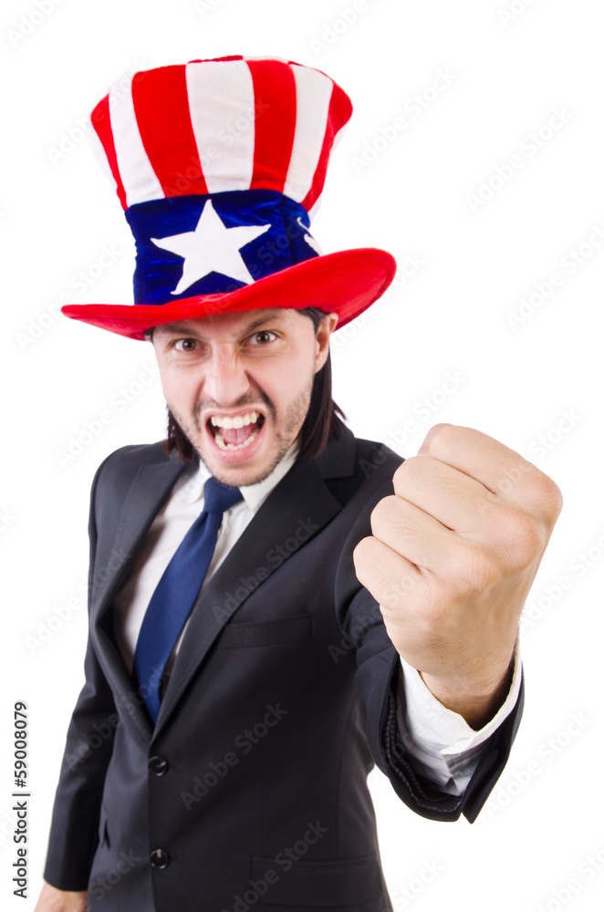 Man with american flag isolated on white Man with american flag isolated on white