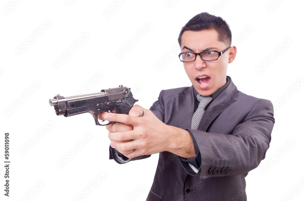 Funny businessman with gun on white Funny businessman with gun on white