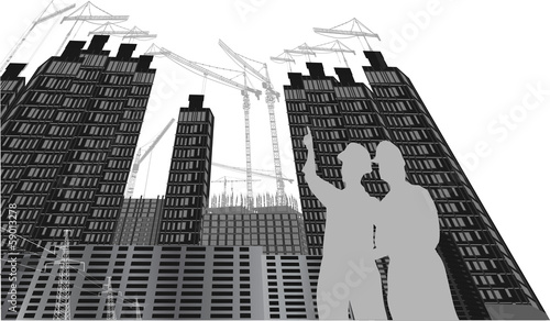 workers and house building with perspective distortion