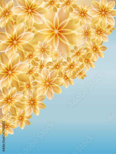 Original floral background, gold flowers on a background of blue