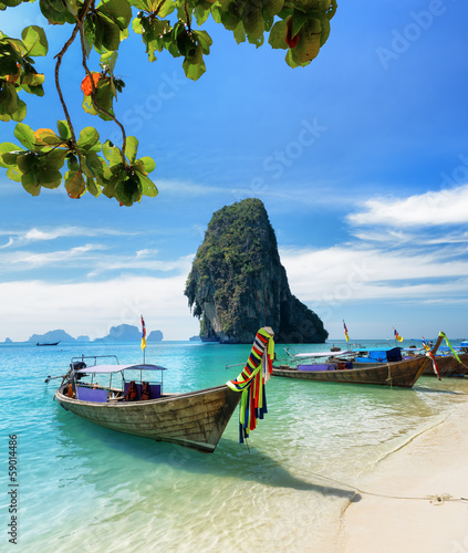Thai boats on Phra Nang beach, Thailand