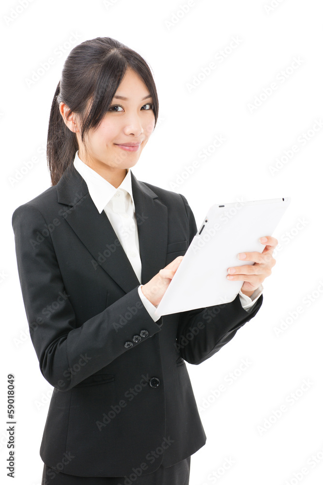 asian businesswoman using tablet on white background asian businesswoman using tablet on white background