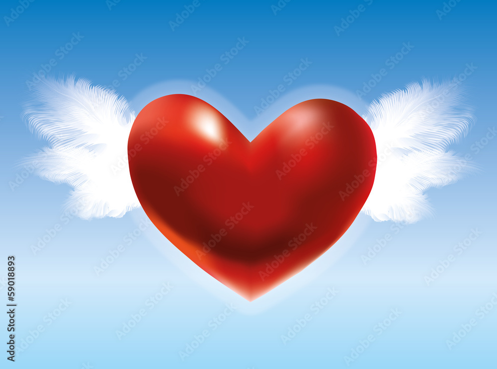 Red heart with wings in the blue sky