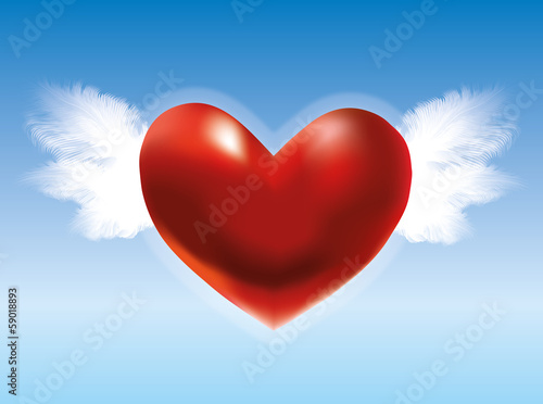 Red heart with wings in the blue sky