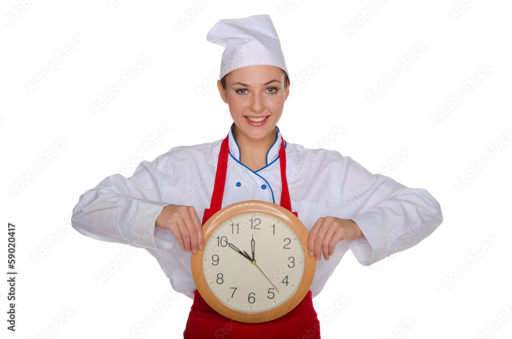 Smiling chef with a clock in his hands Smiling chef with a clock in his hands