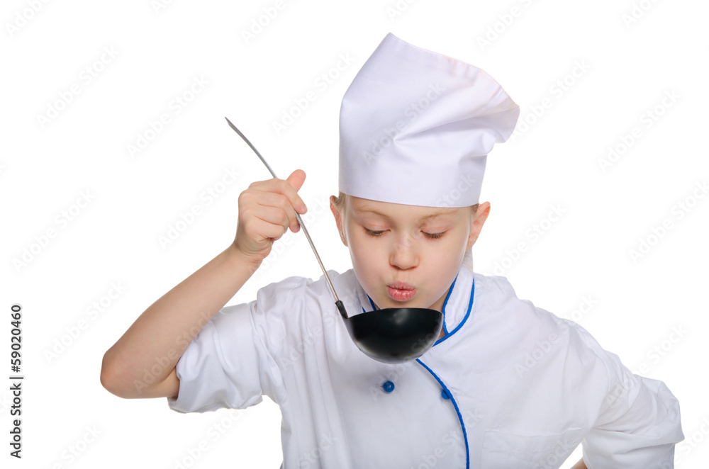 Cook blowing on soup
