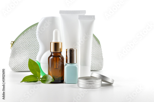 Daily care cosmetics on white background.