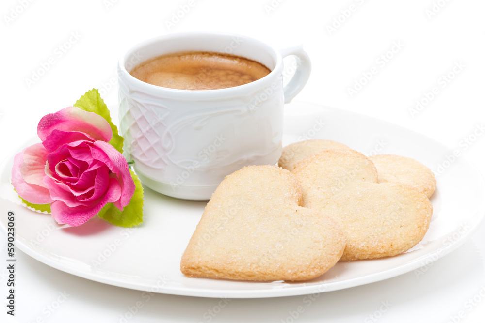 cup of coffee, cookies and flower Valentine's Day, close-up cup of coffee, cookies and flower Valentine's Day, close-up