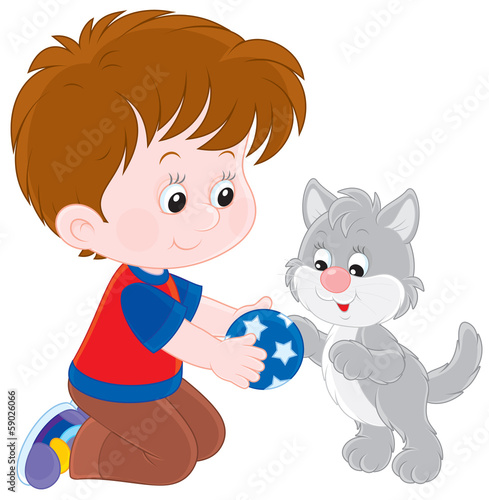 boy playing with his kitten