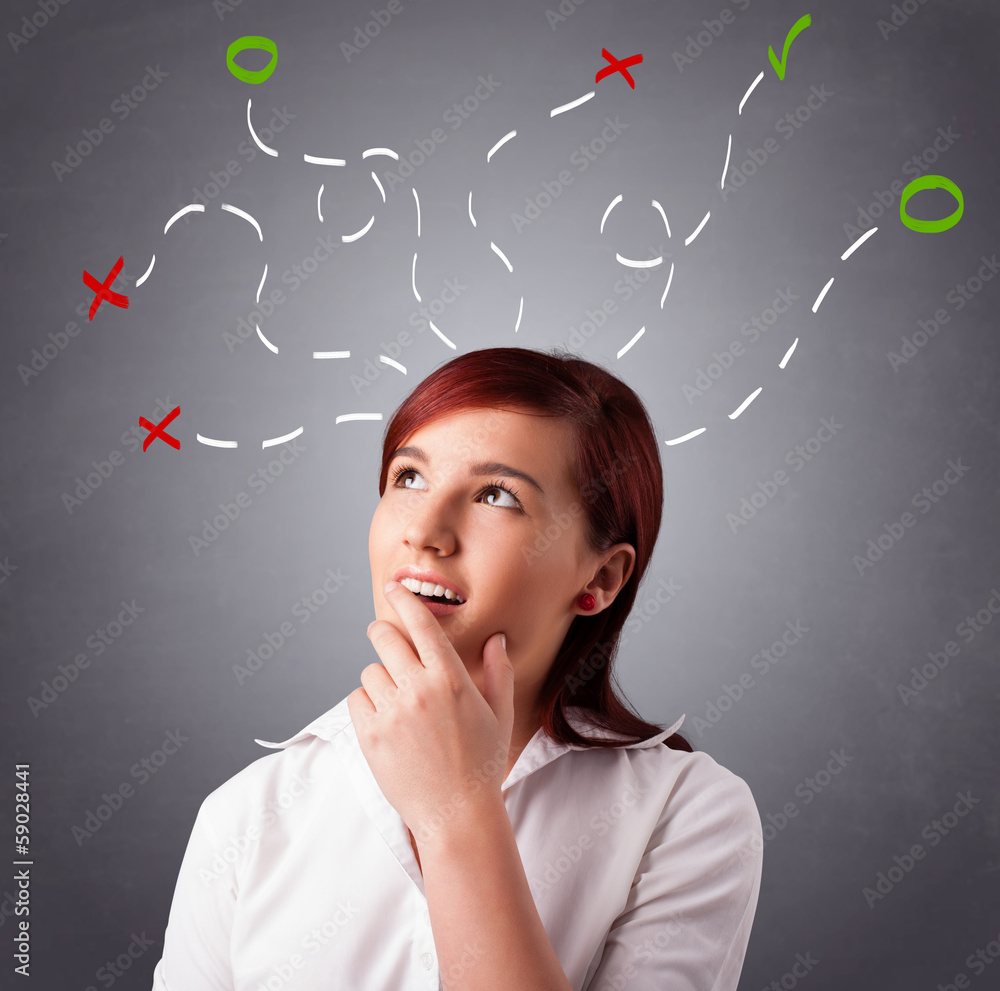 Young woman thinking with abstract marks overhead Young woman thinking with abstract marks overhead