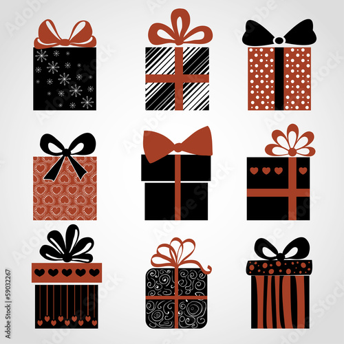 Vector set of black-and-white-red gifts