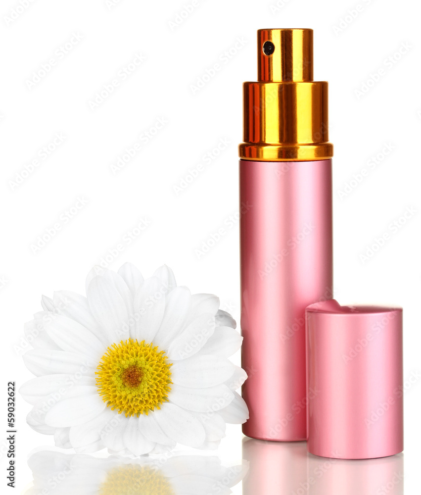 Women's perfume in beautiful bottle with flower isolated Women's perfume in beautiful bottle with flower isolated