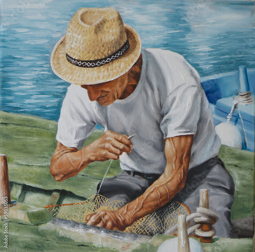 olio su tela che rappresenta un pescatore e la sua rete da pesca
