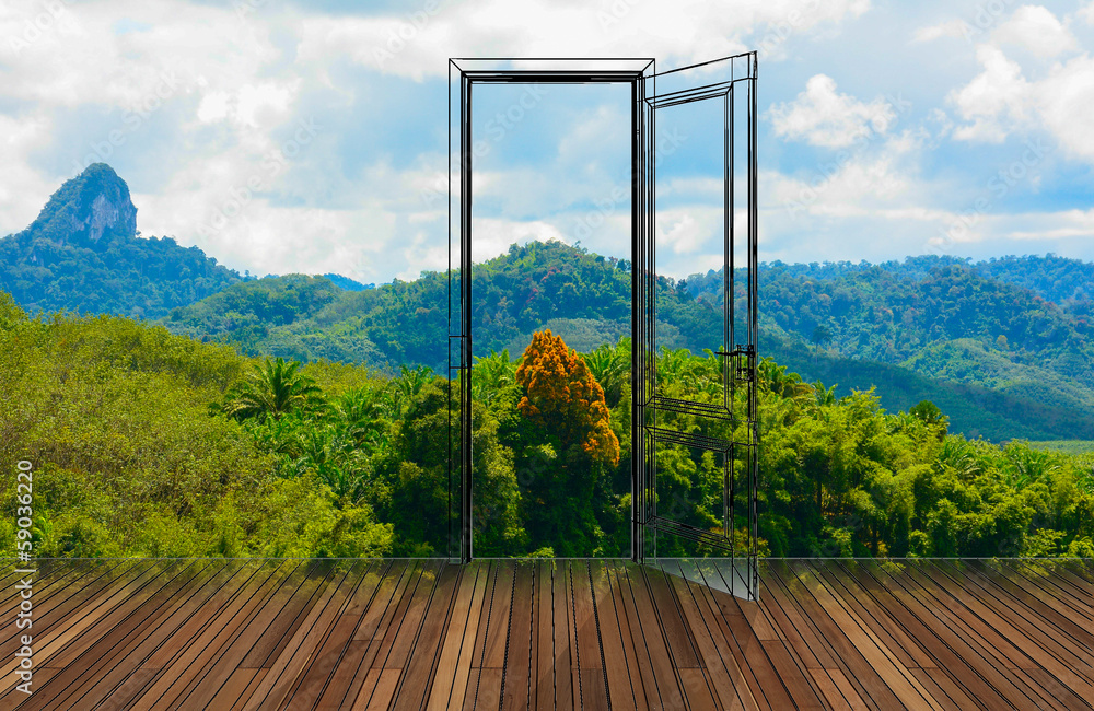 Fototapeta premium Landscape behind the opening door