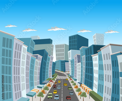 Street of downtown city with buildings and cars