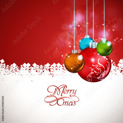 Christmas balls on red and white background