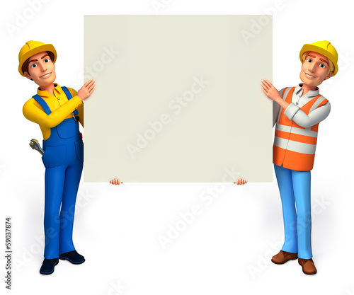 plumber and worker with sign