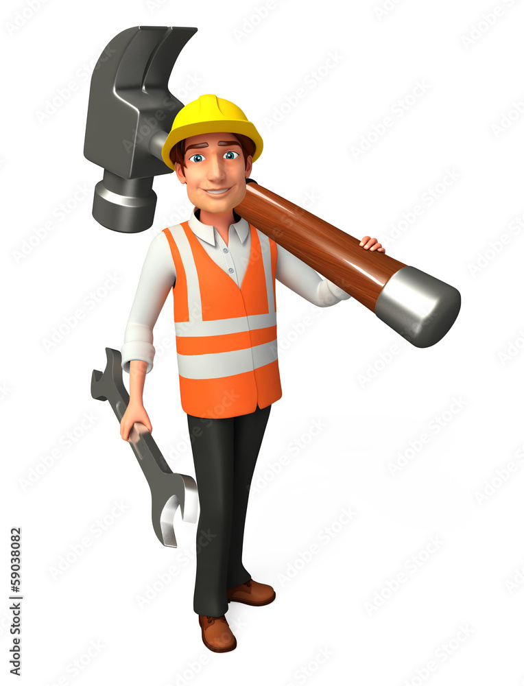 worker with big hammer and wrench worker with big hammer and wrench