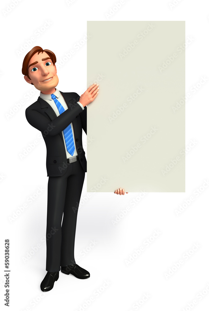young business man standing with sign