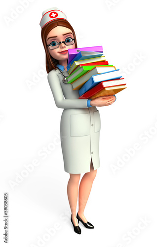 Lady smart nurse with books pile