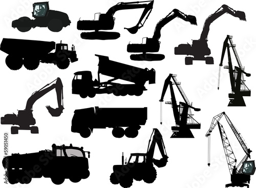 heavy industrial machinery and cranes silhouettes