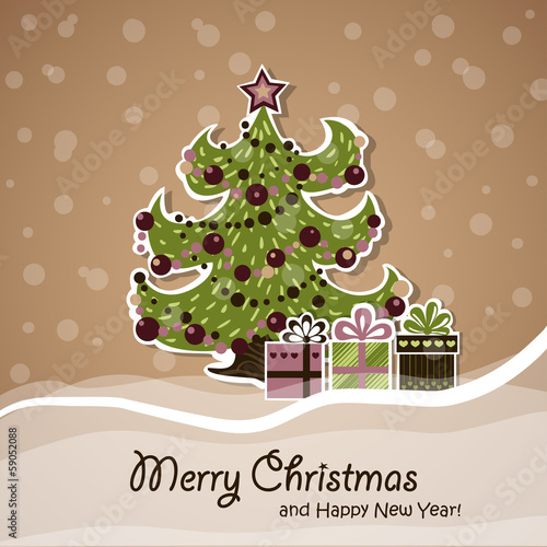 Vector Christmas card with Christmas tree and gifts