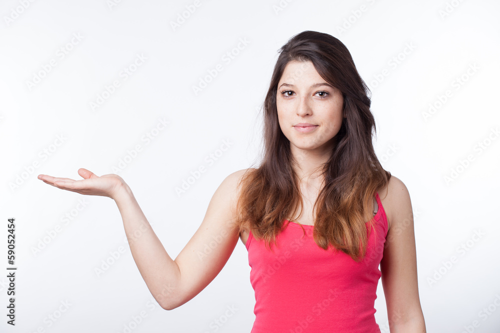 Showing young woman, isolated on white Showing young woman, isolated on white