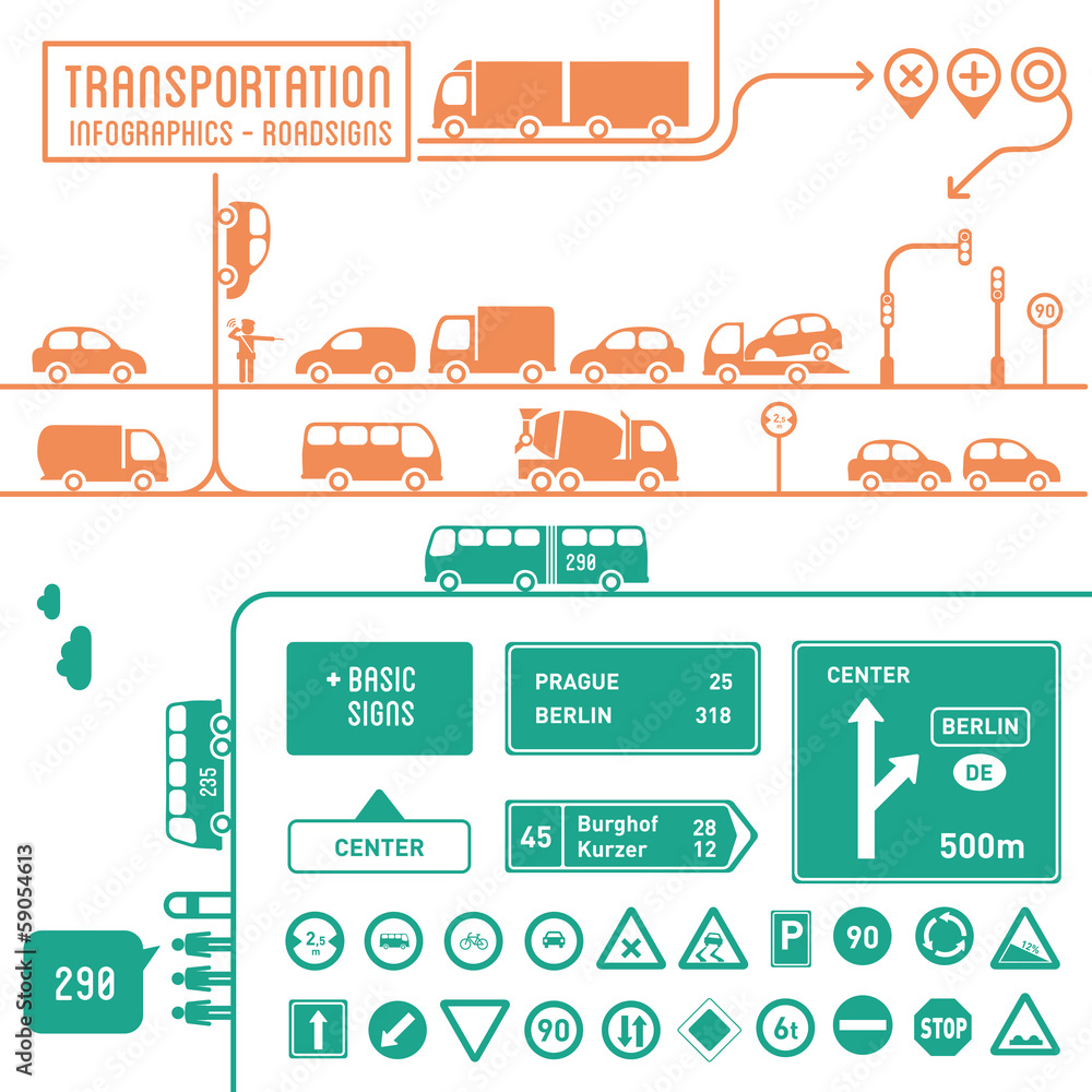 Transportation infographics with basic roadsigns Transportation infographics with basic roadsigns
