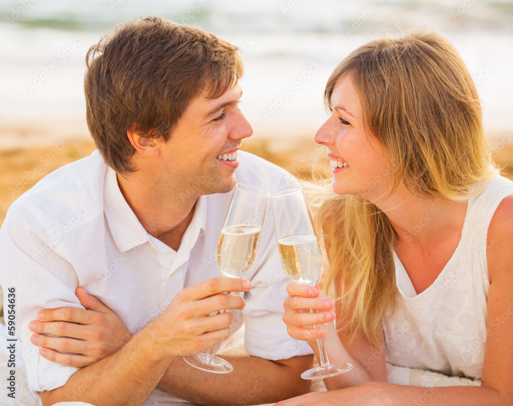 Honeymoon concept, Man and Woman in love, Enjoying glass of cham Honeymoon concept, Man and Woman in love, Enjoying glass of cham