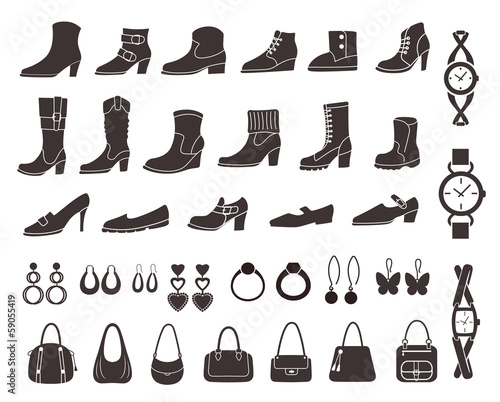 Set of vector silhouettes: shoes and accessories. Icons.