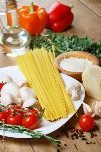 Pasta ingredients on the wooden table