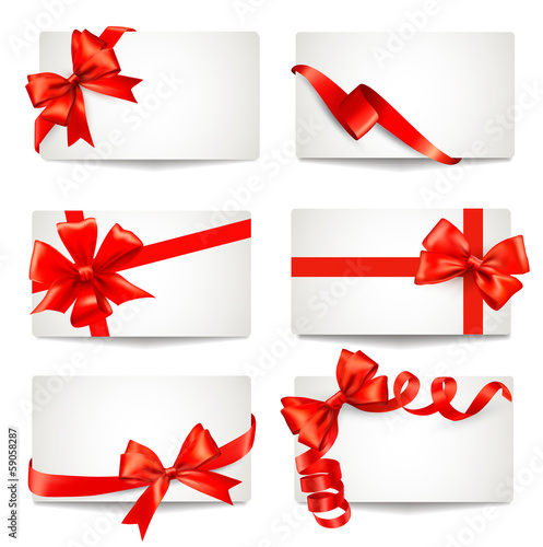 Set of beautiful gift cards with red gift bows with ribbons Vect