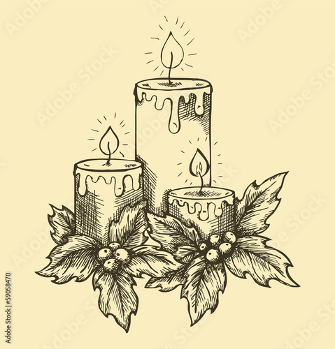 candles and holly berries leaves. sketch freehand pen and ink