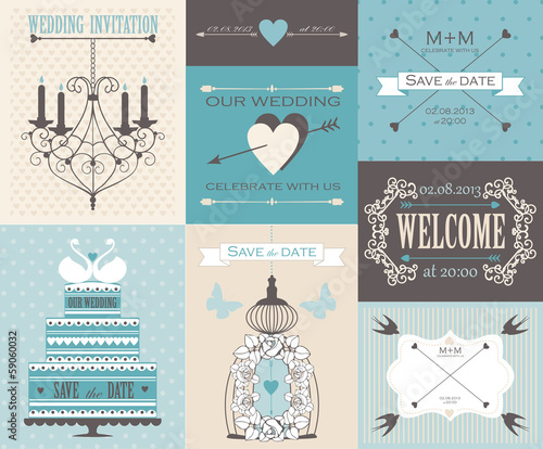 Vector collection of vintage wedding cards.