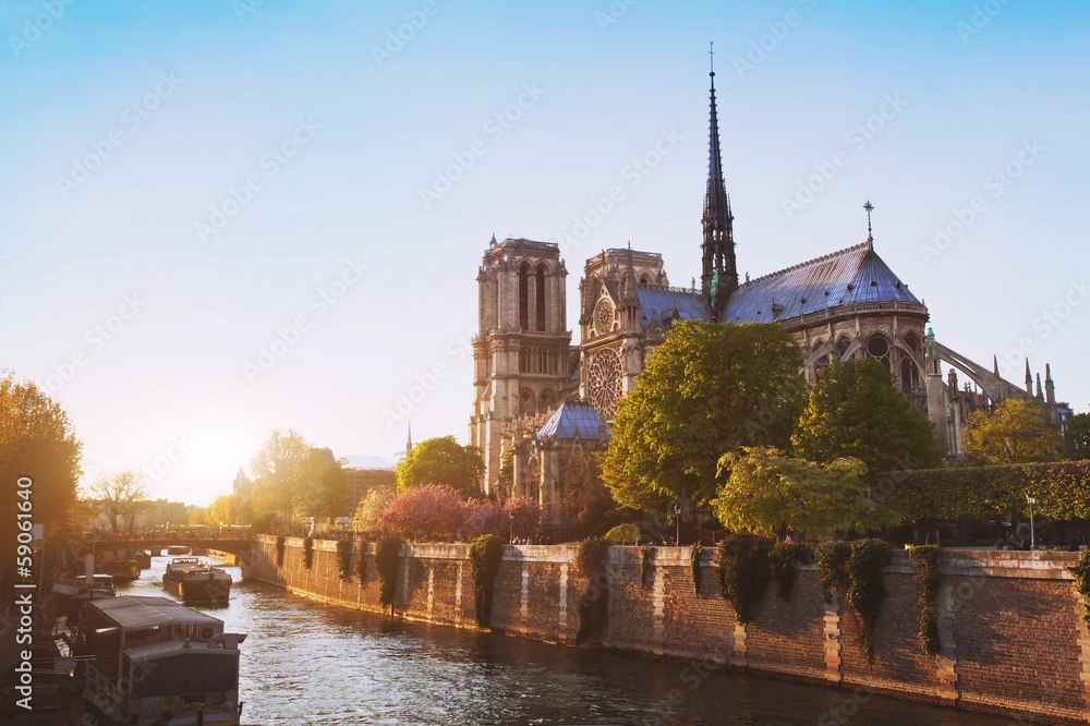 Fototapeta premium Notre Dame cathedral at sunset in Paris, France