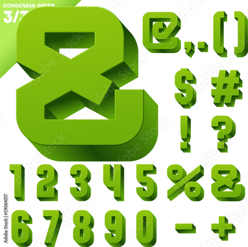Three-dimensional condensed alphabet. Clear color style