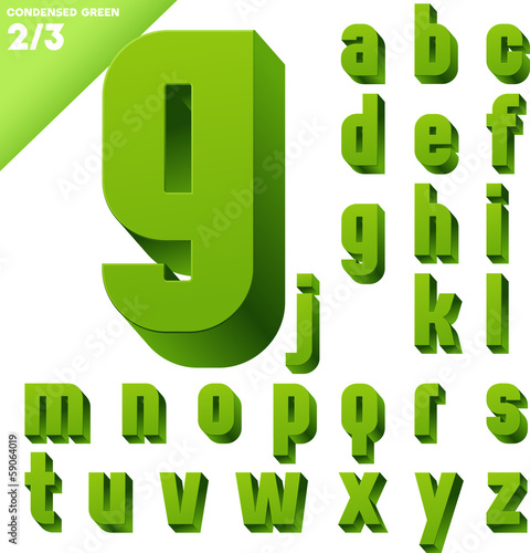 Three-dimensional condensed alphabet. Clear color style