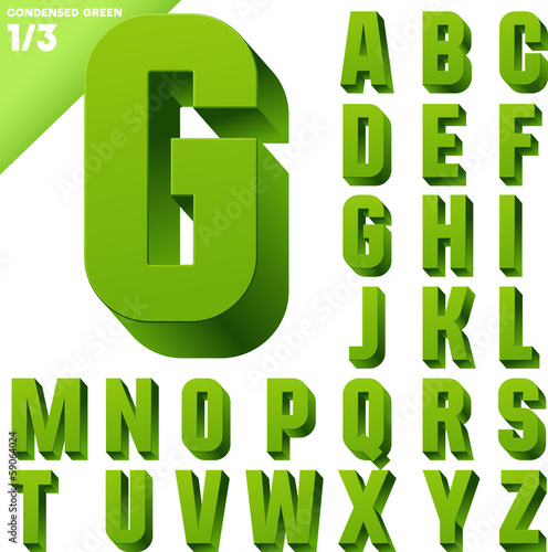 Three-dimensional condensed alphabet. Clear color style
