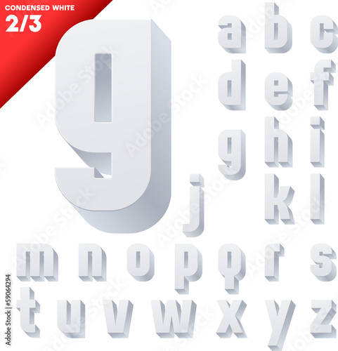 Three-dimensional condensed alphabet. Clear color style