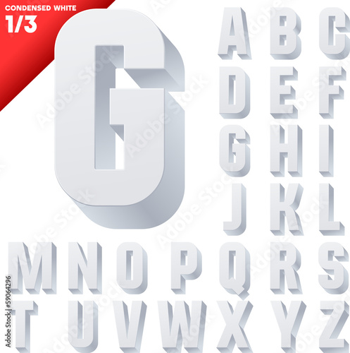 Three-dimensional condensed alphabet. Clear color style