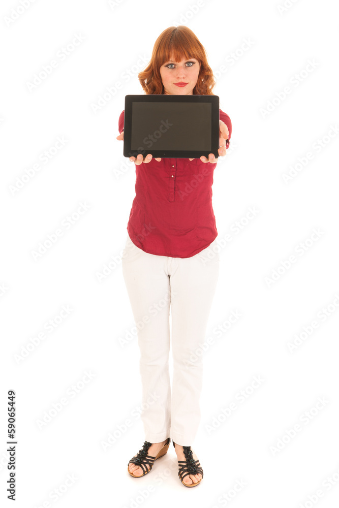 Woman showing tablet Woman showing tablet