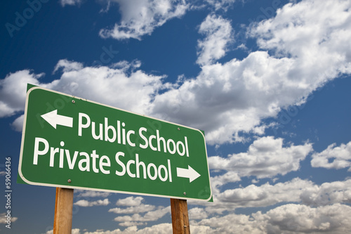 Public or Private School Green Road Sign Over Sky photo