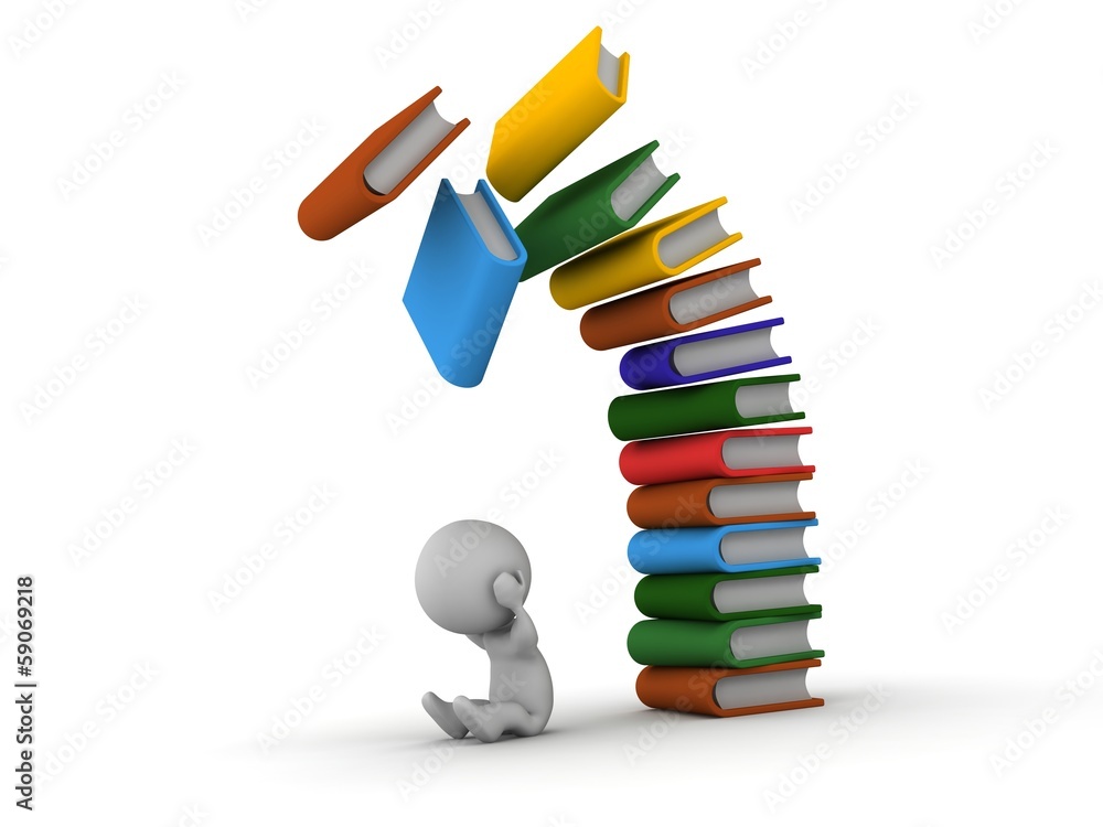 3D Man depressed with books falling over him 3D Man depressed with books falling over him