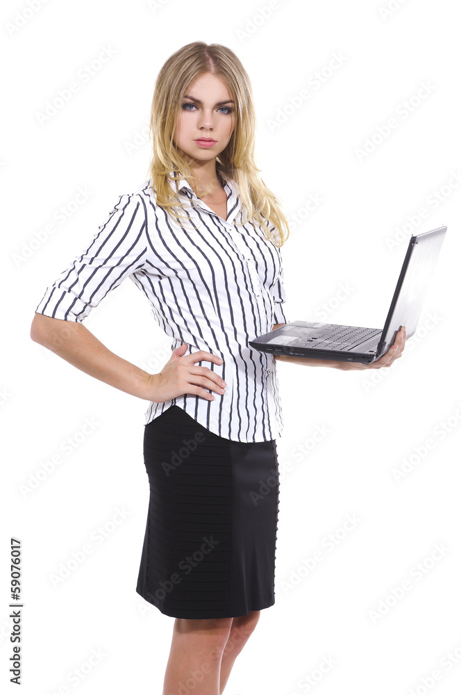 businesswoman holding a laptop on white background businesswoman holding a laptop on white background