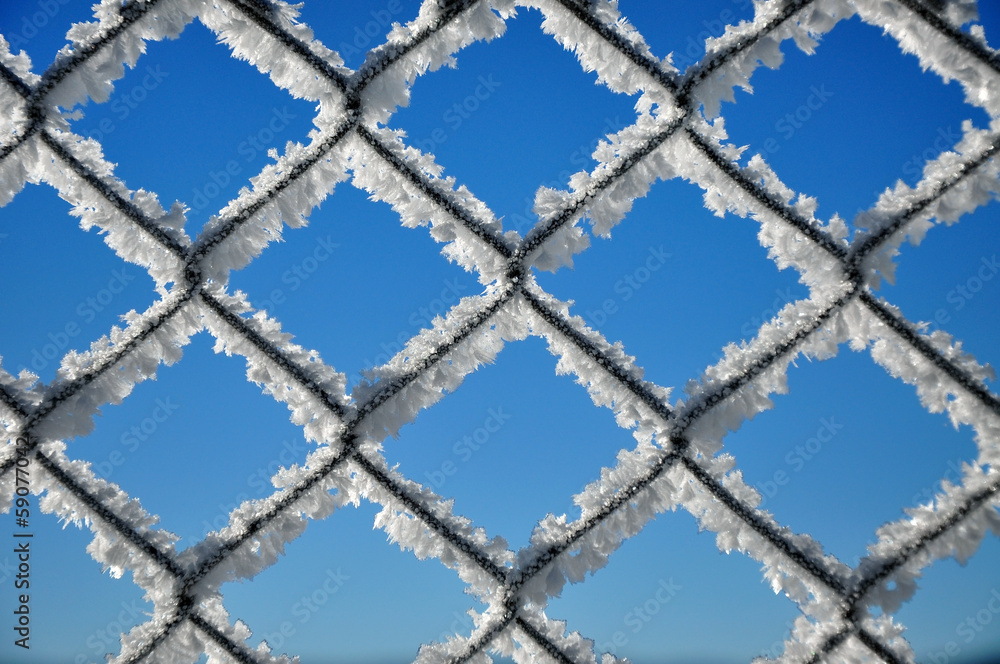 Winter background with a lattice covered by ice crystals